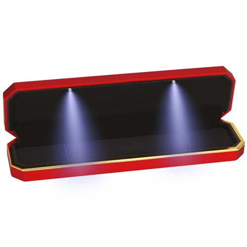 Luxury LED Necklace Long Chain Gift Box with LED Light, Velvet Jewelry Box Storage Case Organizer Holder (Red)