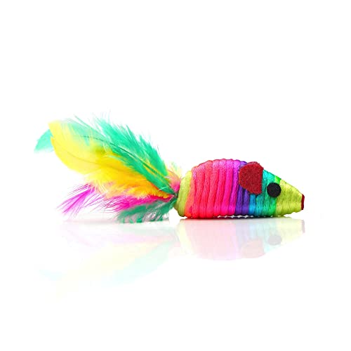 CHIWAVA 24PCS 5" Rattle Cat Toys Mice with Feathers Rainbow Rope Mouse Kitten Interactive Toy Assorted Color