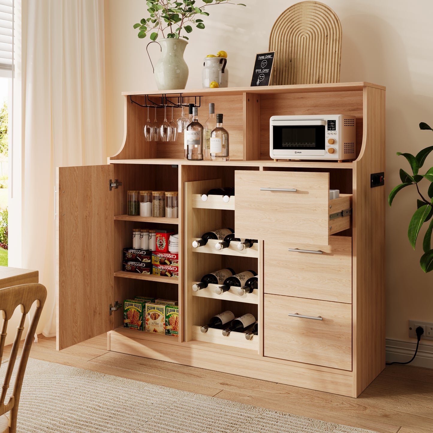 Sideboard, Restaurant-bar With LED, Sockets, Glass Holder, Wine Rack, Multi-layer Storage Space, Suitable For Use In The Restaurant And Kitchen