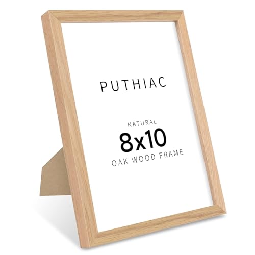 puthiac 8x10 Solid Oak Wood Picture Frame, Fits 6x8 with Mat or 8x10 Without Mat, Wall or Tabletop Display with Stand, Ver...