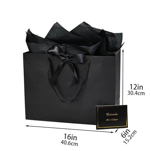 Papertide 2 Pack 16x6x12 Inch Large Black Gift Bag Set with Tissue Paper, Greeting Card & Ribbon, Big Gift Wrapping Kits f...