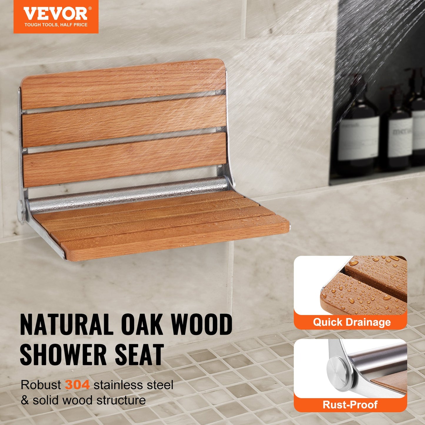 Folding Oak Shower Seat, 16.1" X 13.4" Unfolded, Wall Mounted Fold Up Shower Bench With 440 Lbs Load Capacity, Space Saving Home Care Fold Down Shower Chair, For Seniors Pregnant Women Children