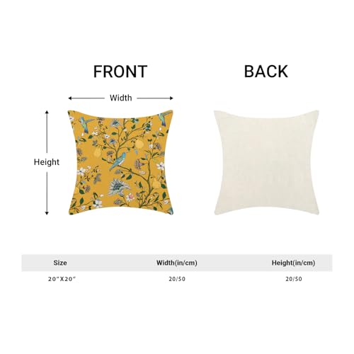 Vintage Mustard Yellow Floral Pillow Covers 20x20 Inch Set of 2 Boho Blue Hummingbird Wildflower Throw Pillows Spring Summ...