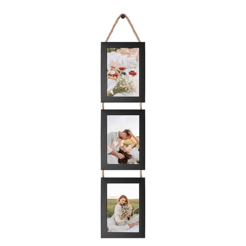 QUTREY 4x6 Picture Frames Collage Black, 3 Openings 4 x 6 Vertical Hanging Photo Frames Display 4 by 6 inch Pictures for W...