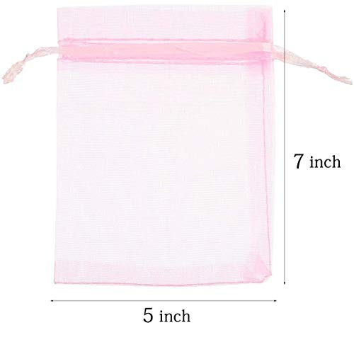 100 Pcs 5x7 inches Gift Wrap Bags Pink, Organza Sheer See Through Fabric, Drawstring Satin Ribbon Pouches for Baby Shower ...