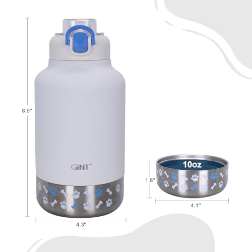 GiNT 37oz Insulated Stainless Steel Dog & Human Water Bottle, All-in-1 Travel Dispenser with Detachable Bowls & Carrying C...