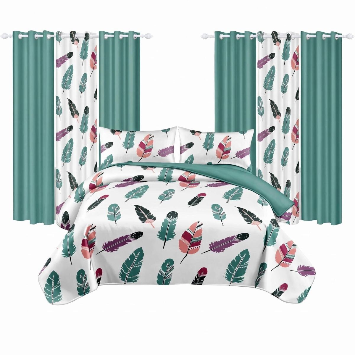 9 Piece Room In A Bag Quilt And Curtain Set, US Designer Boho Feather Print Heavyweight Bedspread With 6 Customizable Window Panels, Pet-Friendly High GSM Coverlet Teal,White