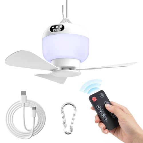 Camping Fan with Light & Remote, Portable Ceiling Fan Wireless Rechargeable Tent Fan with 4 Speeds,3 Light Modes,Timer, Ba...