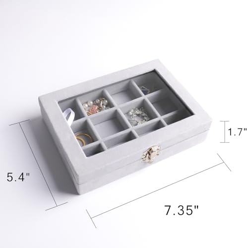 Frebeauty Jewelry Organizer Tray with Clear Lid, 12 Grid Velvet Drawer Insert Storage Box with Transparent Lid Display Cas...