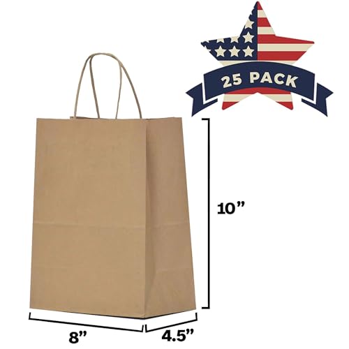 Qutuus Kraft Paper Gift Bags with Handles 8x4.5x10 25Pcs Brown Gift Bags Bulk Medium Size Small Business Bags, Party Bags,...