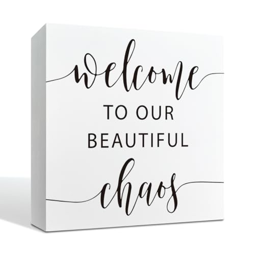 Modern Farmhouse Shelf Decor, Welcome to Our Beautiful Chaos White Wooden Box Sign for Tabletop Entryway Living Room Accen...