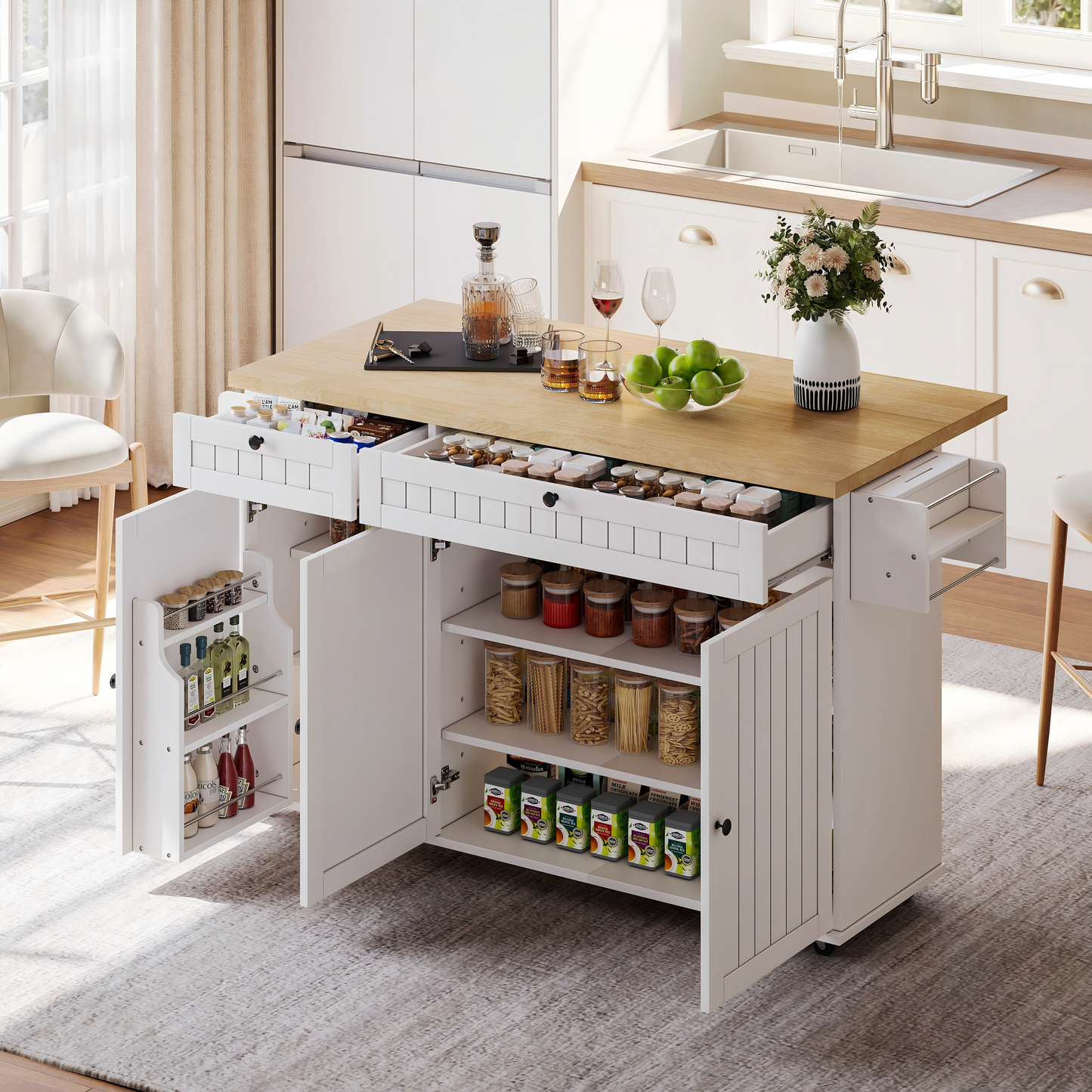 Kitchen Island With Folding Worktop, Kitchen Cabinet On 6 Lockable Castors, With Shelf, Door Shelf, 2 Large Drawers And Cabinet, White, 137 X 89.5 X 45 Cm