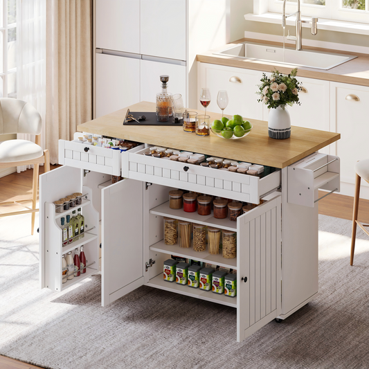 Kitchen Island With Folding Worktop, Kitchen Cabinet On 6 Lockable Castors, With Shelf, Door Shelf, 2 Large Drawers And Cabinet, White, 137 X 89.5 X 45 Cm
