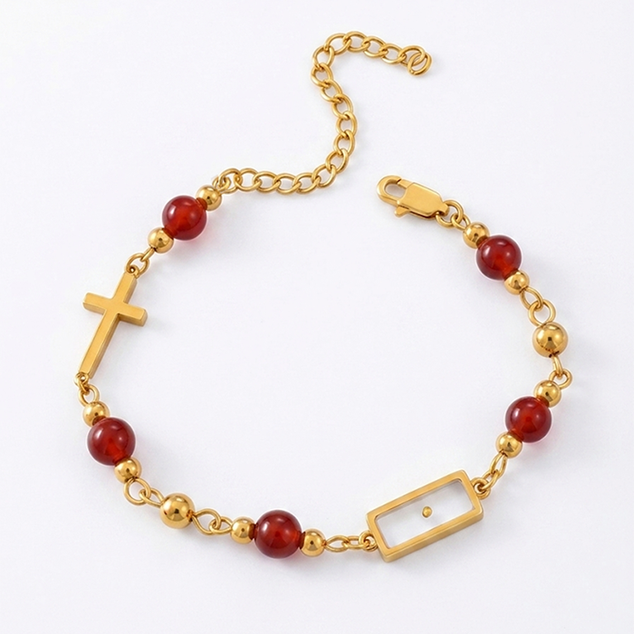 Real Mustard Seed Cross Bracelet For Women, 18K Gold Plated Stainless Steel Natural Stone Beads Bracelet, Religious Christian Faith Gift