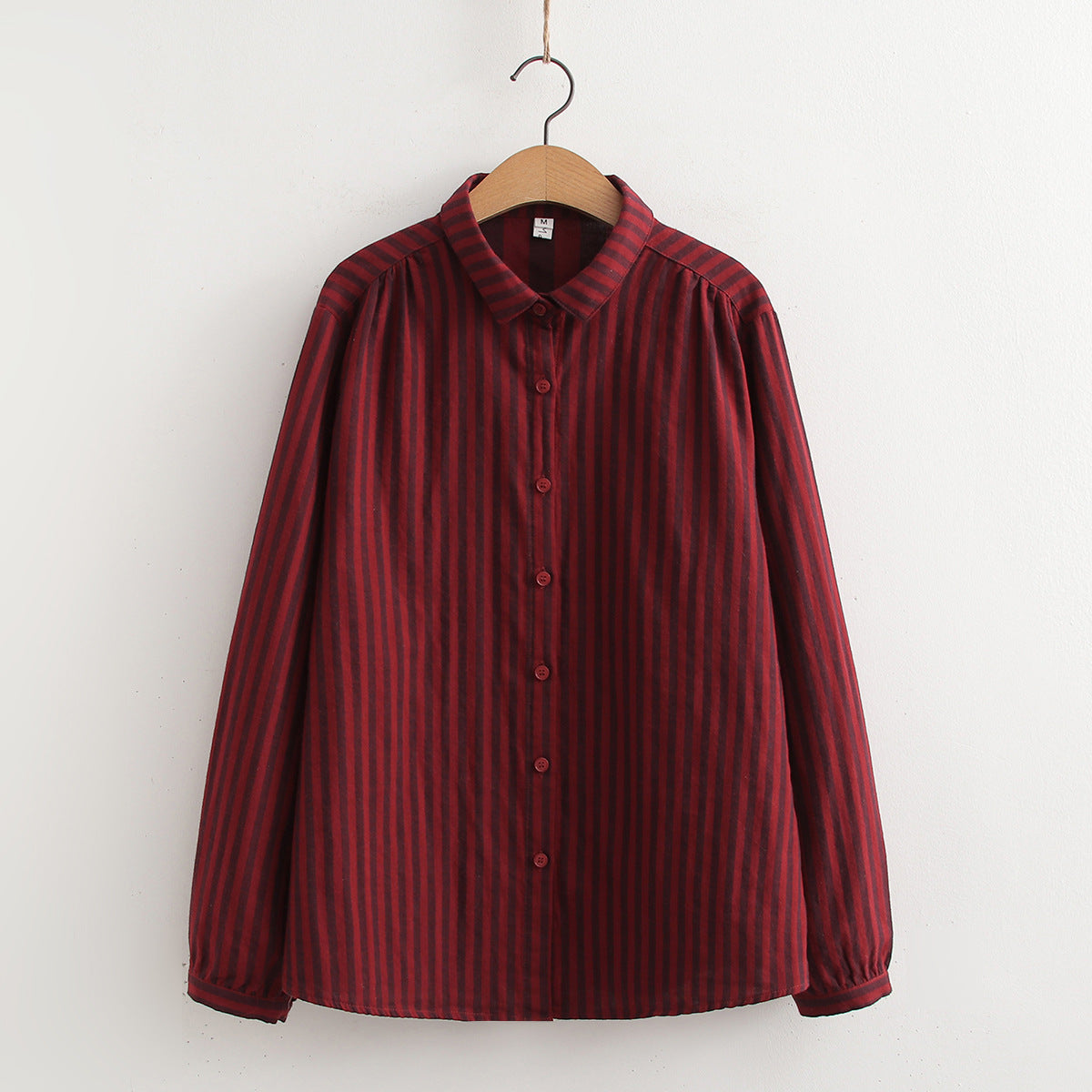 Korean-style Striped Cotton-linen Single-breasted Long-sleeve Shirt For Women