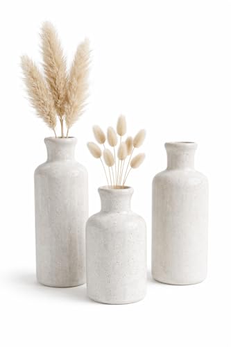 Sikkis Small White Speckled Ceramic Vase Set of 3, Decorative Modern Vases for Shelf, Table, Living Room, Dried Flowers