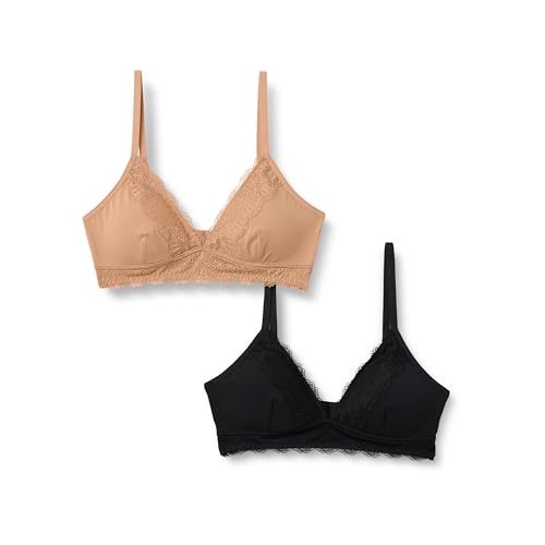 Amazon Essentials Women's Peached Microfibre with Lace Trim Lined V Neck Bralette