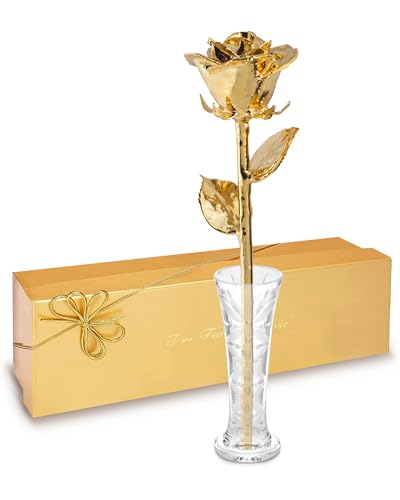 Forever Rose 24K Gold Dipped Real Rose – Handmade, Long-Lasting Preserved Flower in Glass Vase & Gold Box, Romantic Gift f...