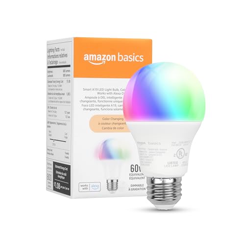 Amazon Basics Smart A19 LED Light Bulb, Color Changing, 9W (60W Equivalent), 800LM, Works with Alexa Only, WiFi 2.4 GHz, N...