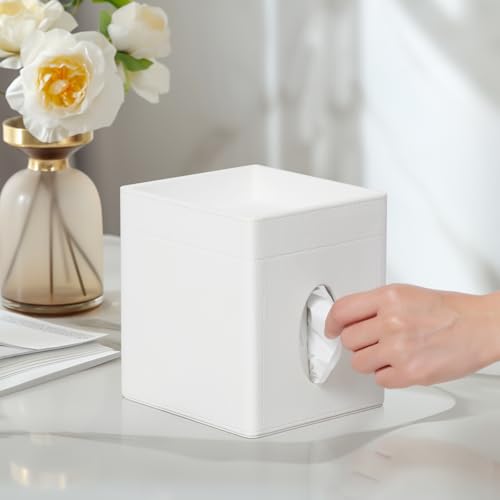 Cretkhp Tissue Box Cover, PU Leather Square Tissue Box Holder with Storage Tray for Bathroom Vanity Countertop Night Stand...