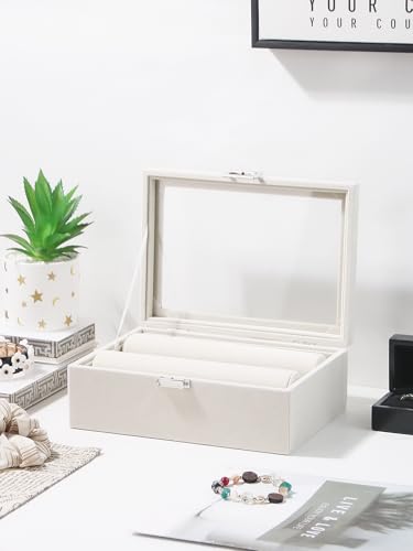 Kanwoder Bracelet Holder Organizer Box, Jewelry Storage Case with 2 Rods, Bangle Watch Display Tray for Women Girls (Beige)