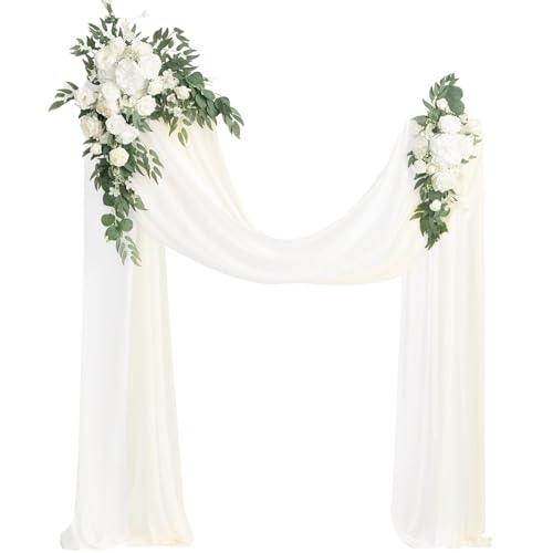 Ling's moment Artificial Wedding Arch Flowers Kit Pack of 4, 2pcs Hanging Silk Flowers Arrangement 2pcs Chiffon Drapes Cer...