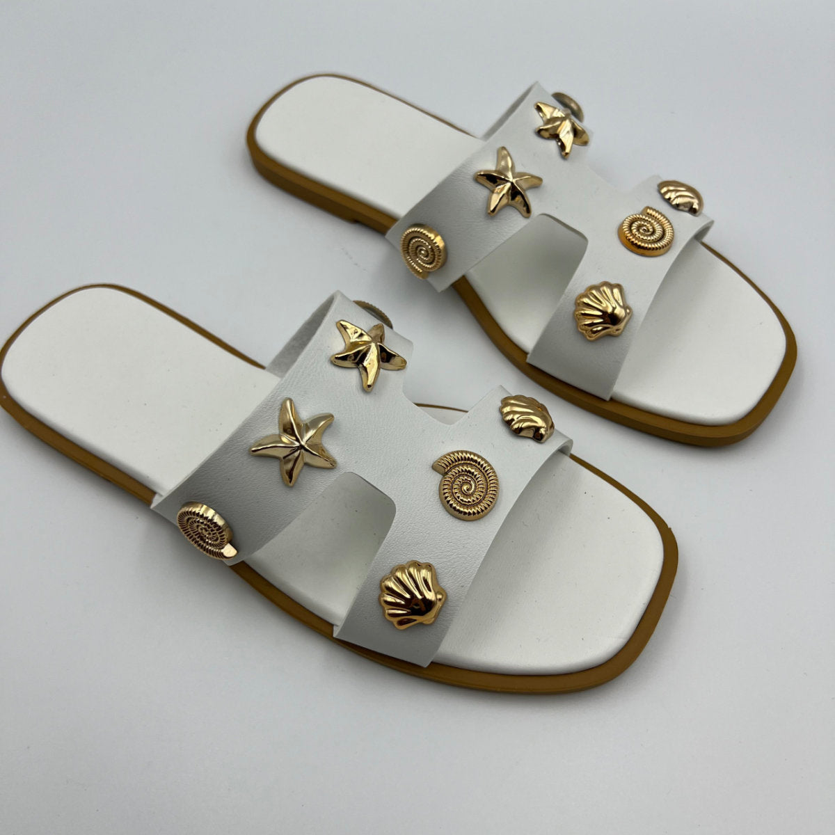 Women Nautical Slide Sandals, Retro Square Toe Double Strap Flat Slippers With Metal Starfish & Shell Decor, Summer Beach Outdoor Slides