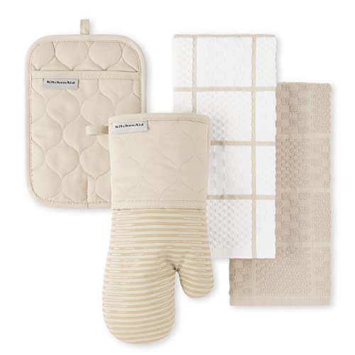 KITCHENAID Quilted Cotton Terry Cloth Oven Mitt, Pot Holder, Kitchen Towel 4-Pack Set, Heat Resistant, Silicone Grip, 16"x...