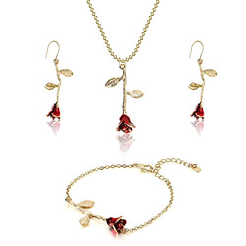 18K Gold Plated Jewelry Set Rose Necklace Bracelet Earrings Red Rose Flower Pendant for Christmas Gift Women