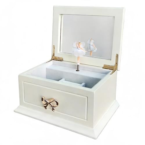 Liou PapaQ White Musical Jewelry Box with Ballerina for Girls and Women, Wooden Storage Organizer with Mirror,Swan Lake Tu...