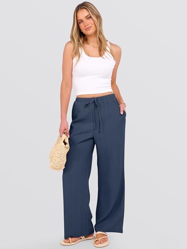 ANRABESS Women's Wide Leg Beach Pants Elastic Waist Lightweight Casual Flowy Palazzo Lounge Trousers with Pockets
