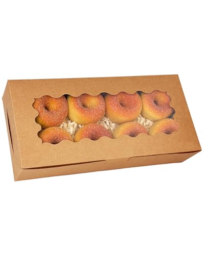 qiqee 50 Packs Brown Cookie Box with Window 12x5.5x2.5 Inch Two Uses Pastry Biscuit Bakery Box For Packaging