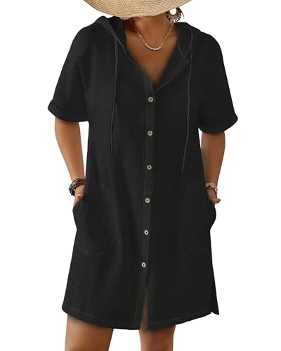 Bsubseach Womens Swimsuit Cover Up Shirt Button Down Short Sleeve Bathingsuit Coverups Hooded Beach Coverup With Pockets