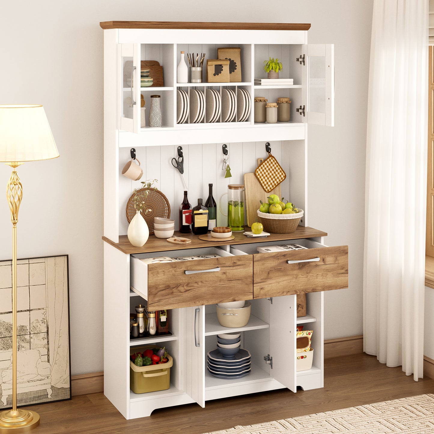 Large Kitchen Buffet Cabinet With Storage Space, Kitchen Cabinet With Display Cabinet Compartments, 2 Drawers, Doors And Hook Rail  Modern Buffet Cabinet For Kitchen, Dining Room & Hallway, 106 X39