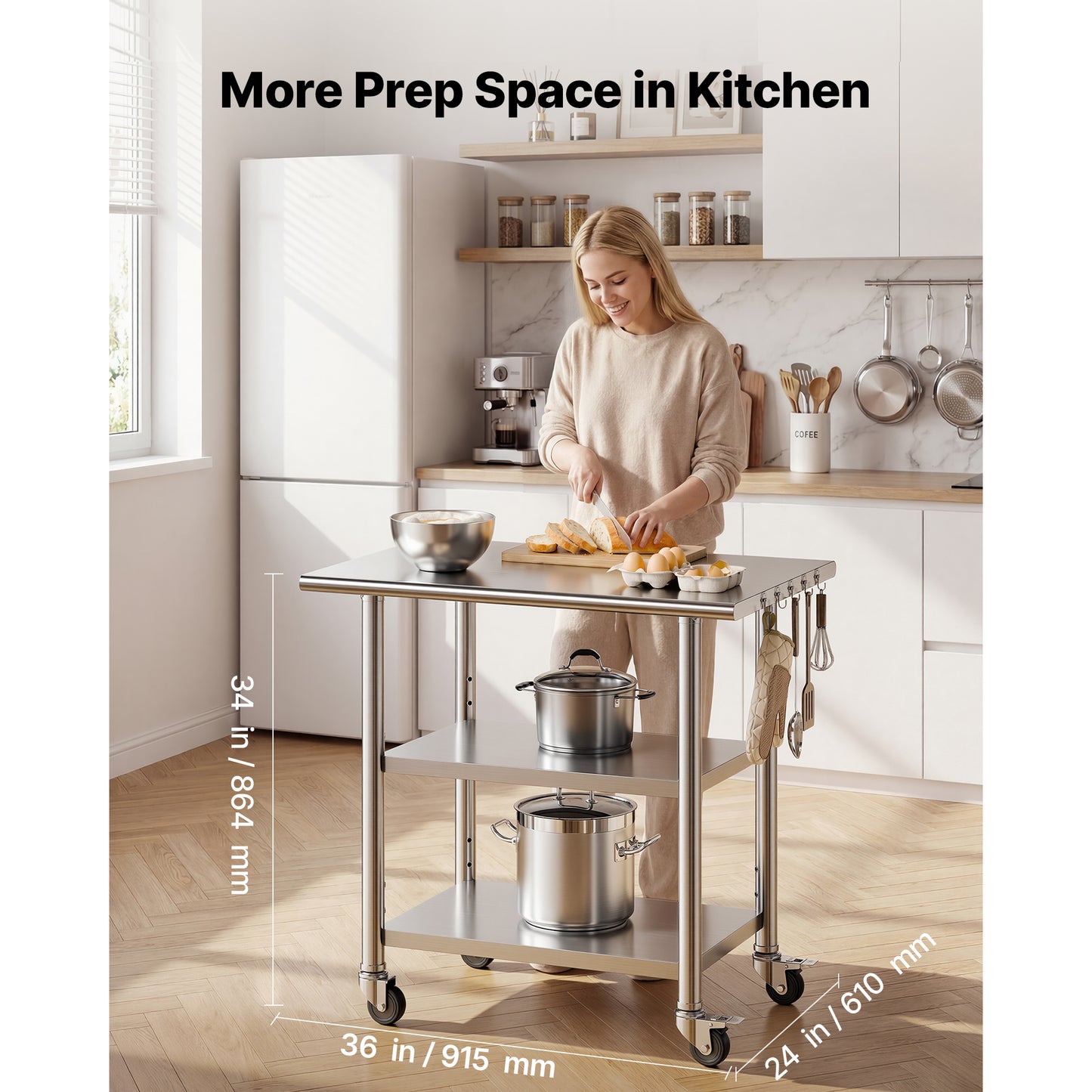 Stainless Steel Work Table, 24x36 Inch Food Prep Table With 2 Shelves And Wheels, Commercial Kitchen Workstation, Metal Heavy Duty Utility Worktable, For Restaurant Home Hotel Garage Outdoor