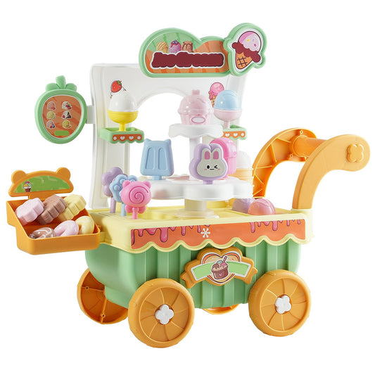 Ice Cream Cart For Kids, 27 PCS Accessories, Pretend Play Store With Storage Trolley With Pretend Money, Sound & Light Effects, Montessori Educational Ice Cream Truck Toys For Toddlers 3+