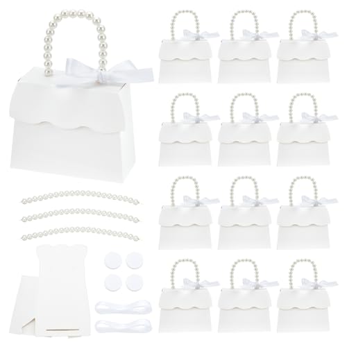BENECREAT 16 Sets White Wedding Favors Box DIY Set, Kraft Paper Box with Pearl Handle, Ribbons, Stickers, Gift Boxes for B...