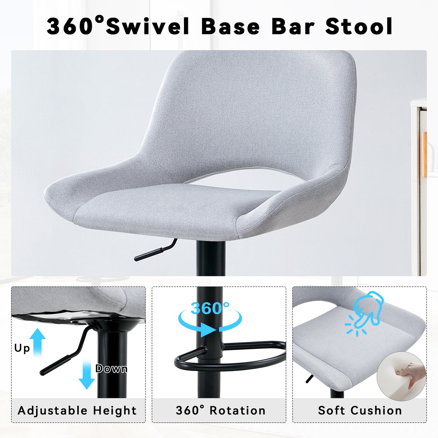 Modern Swivel Adjustable Bar Stools Set - 2 Pack, Light Gray Linen Fabric, Holds Up To 250 Lbs, Suitable For Home Bars And Kitchen Islands.