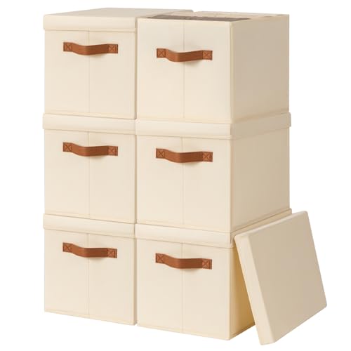 Homsorout Storage Bins with Lids - Fabric Storage Baskets for Shelves, 6 Pack Foldable Decorative Boxes with Handles, Stac...