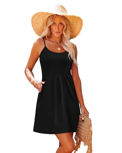 WEESO Summer Boho Dresses for Women Adjustable Spaghetti Strap Fashion Beach Vacation Casual Sundresses with Pockets