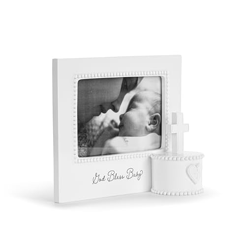 DEMDACO Musical Frames Collection God Bless Baby White Beaded 8 x 7 Resin Keepsake Baby Picture Frame with Cross & Trinket...
