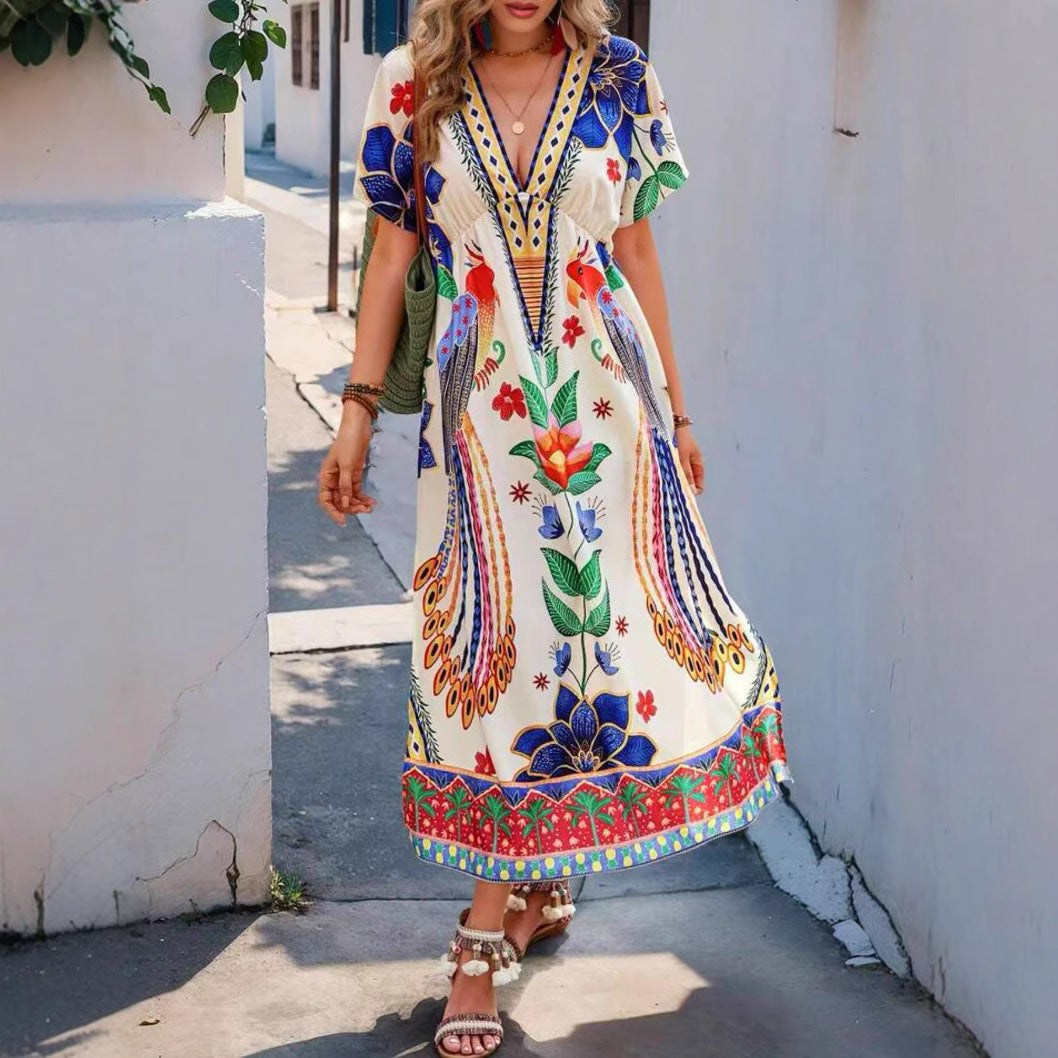 New Seasonal V-neck Printed Fashionable Loose-fit Short-sleeve Maxi Dress