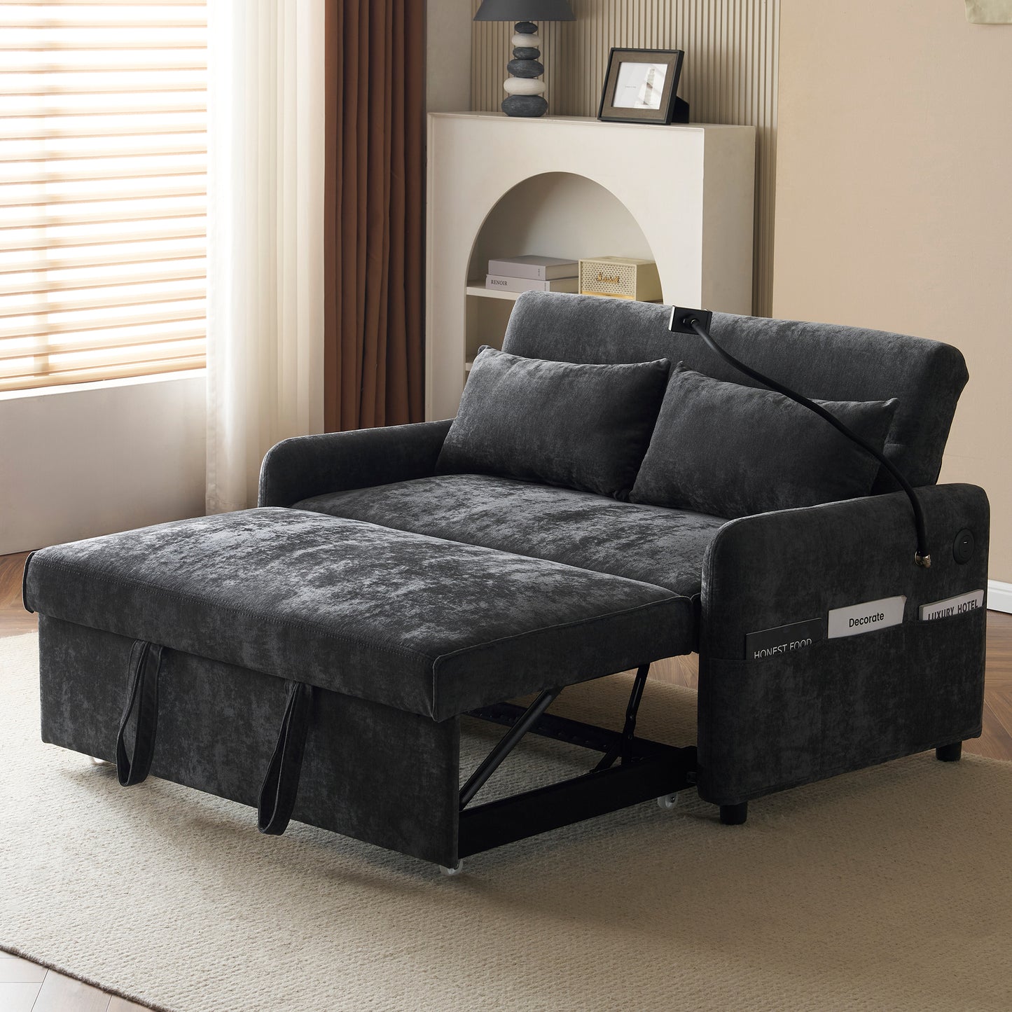 Modern Double Folding Sofa Bed, Multifunction Sofa With Sleeping Function, Adjustable Backrest, Mobile Phone Holder, USB Charging Port, Suitable For Living Room, Bedroom, Home Theater Apartment