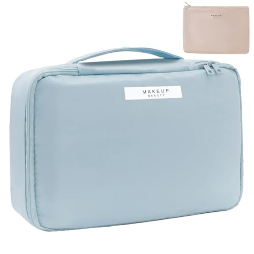 Travel Makeup Bag with Brush Holder and Compartments, Cosmetic Organizer Case for Skincare, Toiletries (Blue)