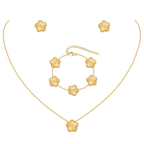 Gold Necklaces Bracelets Earring Set - 18K Gold Plated Flower Bracelet Chain,Stainless Steel Non Tarnish Floral Pendant St...