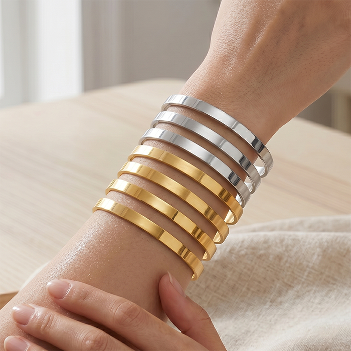 7Pcs Stackable Cuff Bangle Bracelets For Women, 18K Gold Plated Stainless Steel Plain Open Bangle Set, Minimalist Layering Jewelry Gift