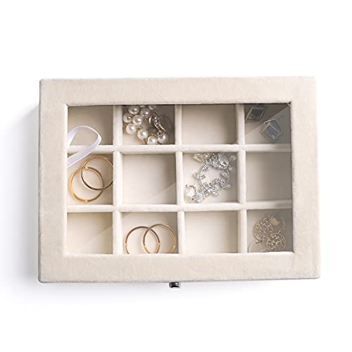 Frebeauty Jewelry Organizer Tray with Clear Lid - 12 Grid Velvet Drawer Insert Storage Box - Transparent Lid Display Case...