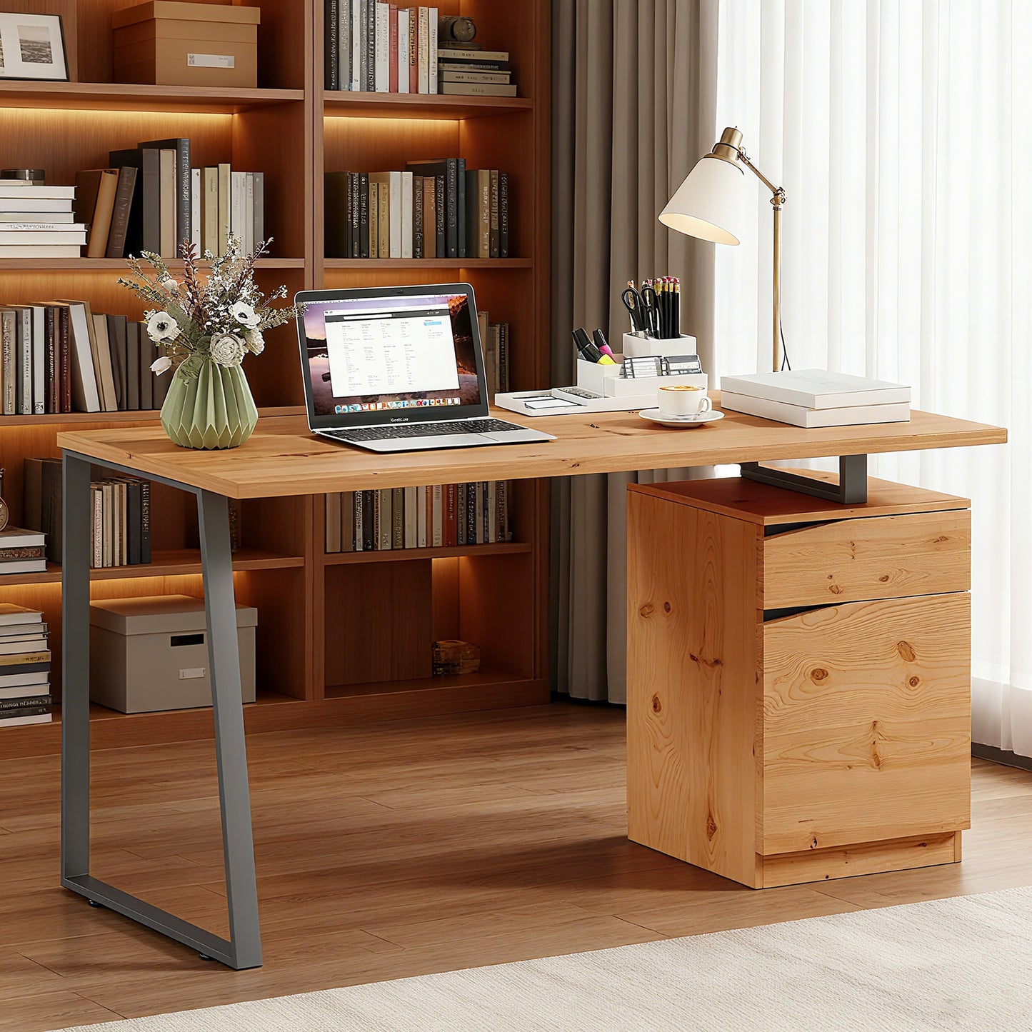 Computer Desk, Writing Desk With Cabinet, Drawer, Metal Legs, Work Table For Home Office Study, Natural Wood Finish