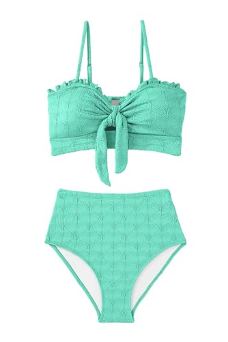 Herseas Women's Seashell Textured Bikini Sets Knotted Front 2 Piece Swimsuits Ruffle Trim Bathing Suits
