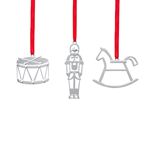 Nambe 2022 Miniature Ornament Set – Silver-Plated Rocking Horse, Nutcracker and Drum Christmas Ornaments, Holiday Tree Dec...